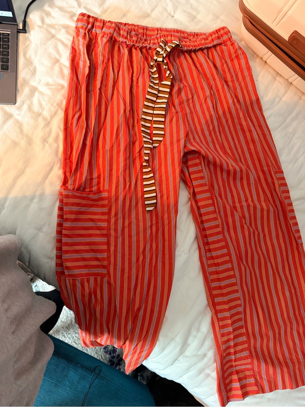 Amazon Striped Orange and purple Wide-Leg with Brown and white Drawstring Pants